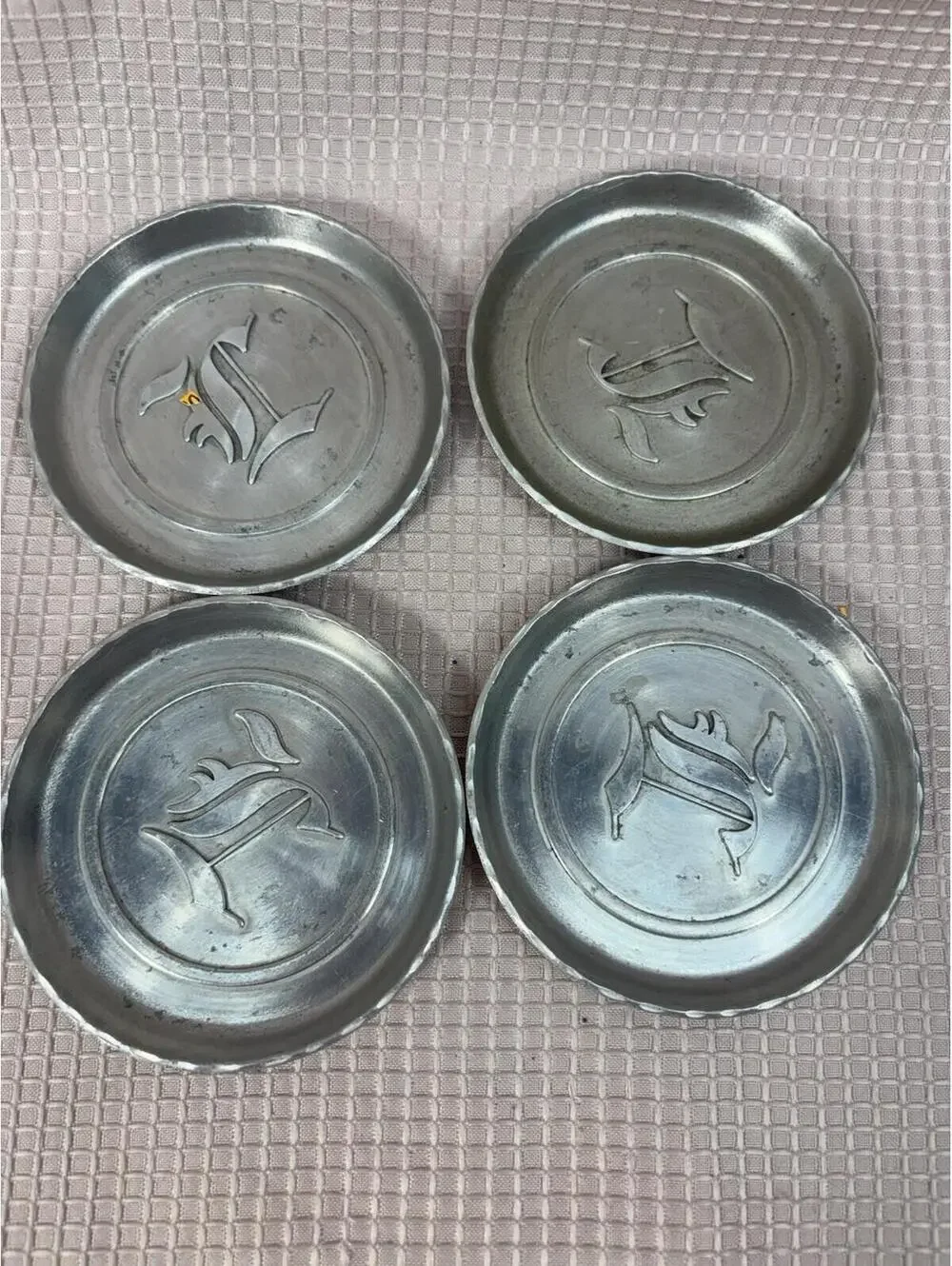 214 - Vintage Aluminum Coasters Set Of 4 Four Letter L (I Think)